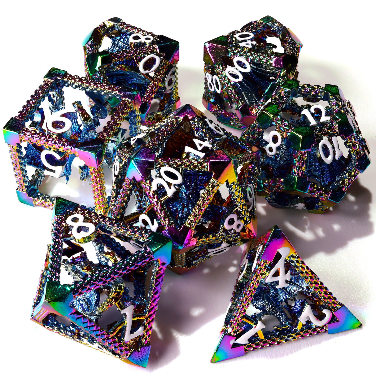 Miniature Rainbow Dragon Metal RPG Dice Set - 7 Pieces
