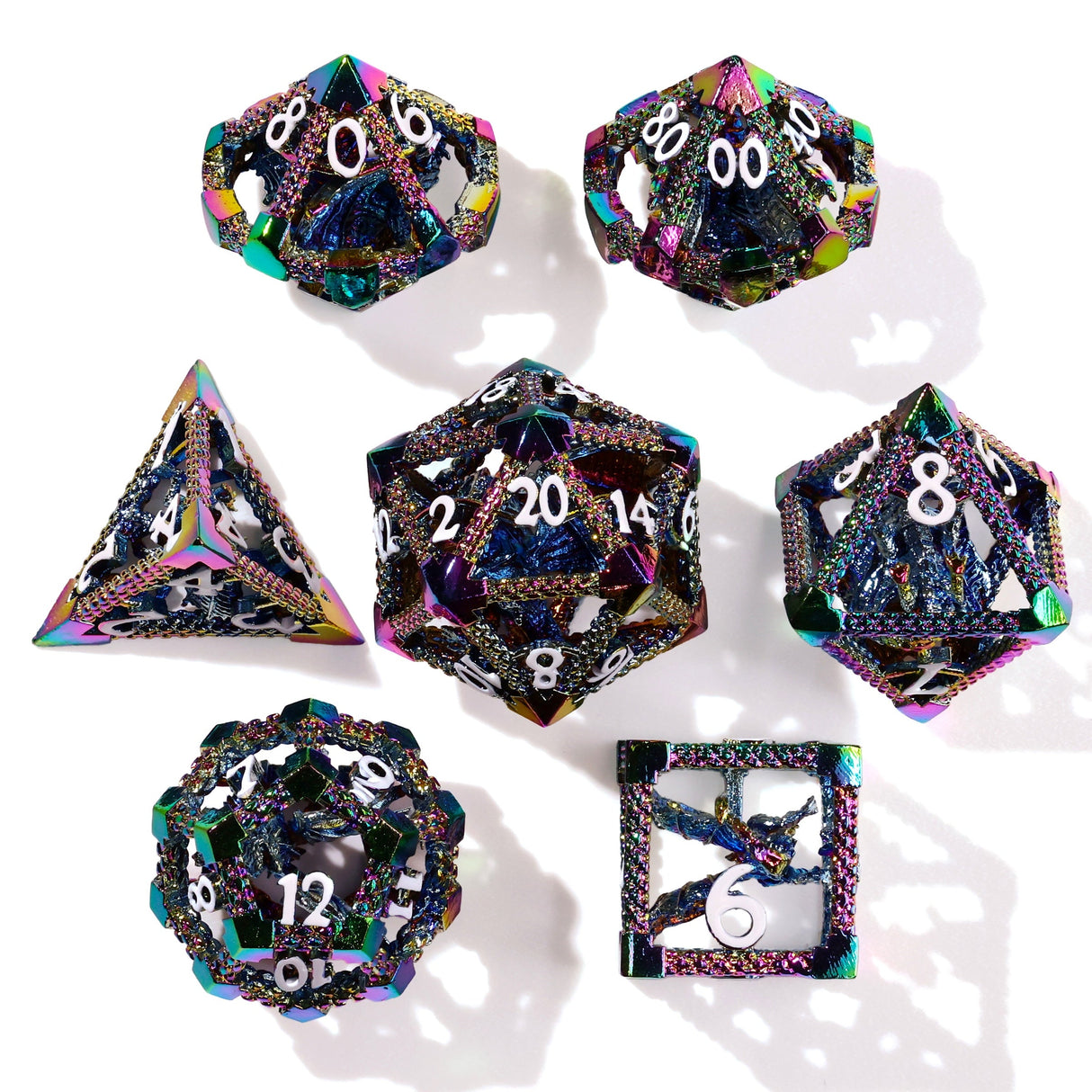 Miniature Rainbow Dragon Metal RPG Dice Set - 7 Pieces