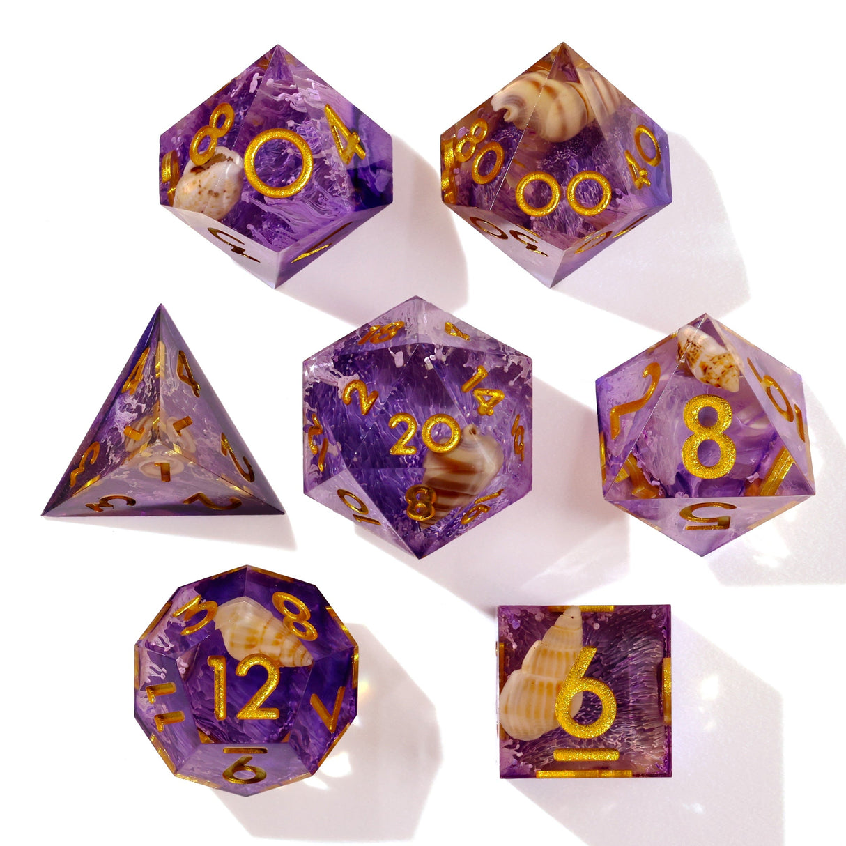 Purple Seashell Sharp Edge RPG Dice Set - 7 Pieces