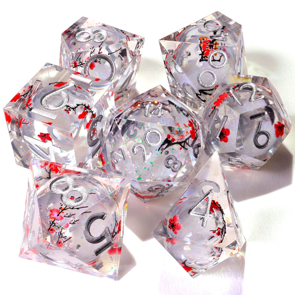 Winter Cherry Blossom Liquid Core RPG Dice Set - 7 Pieces