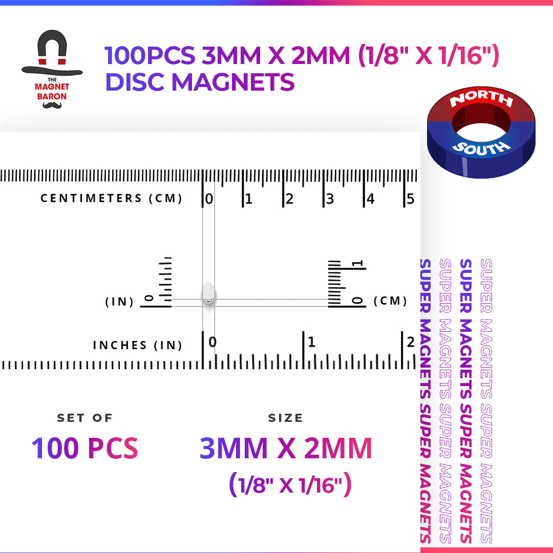 Engineering - Special - Diametrically Magnetized - 100pcs 3mm x 2mm (Approximately 1/8" x 1/16") Disc Magnets