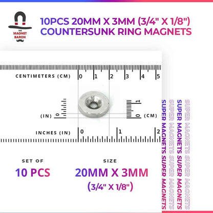 10pcs 20mm x 5mm (Approximately 3/4" x 3/16") Countersunk Ring Magnets