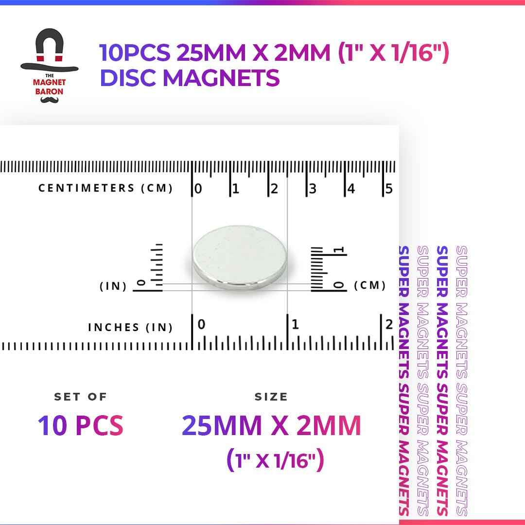 10pcs 25mm x 2mm (Approximately 1" x 1/16") Disc Magnets