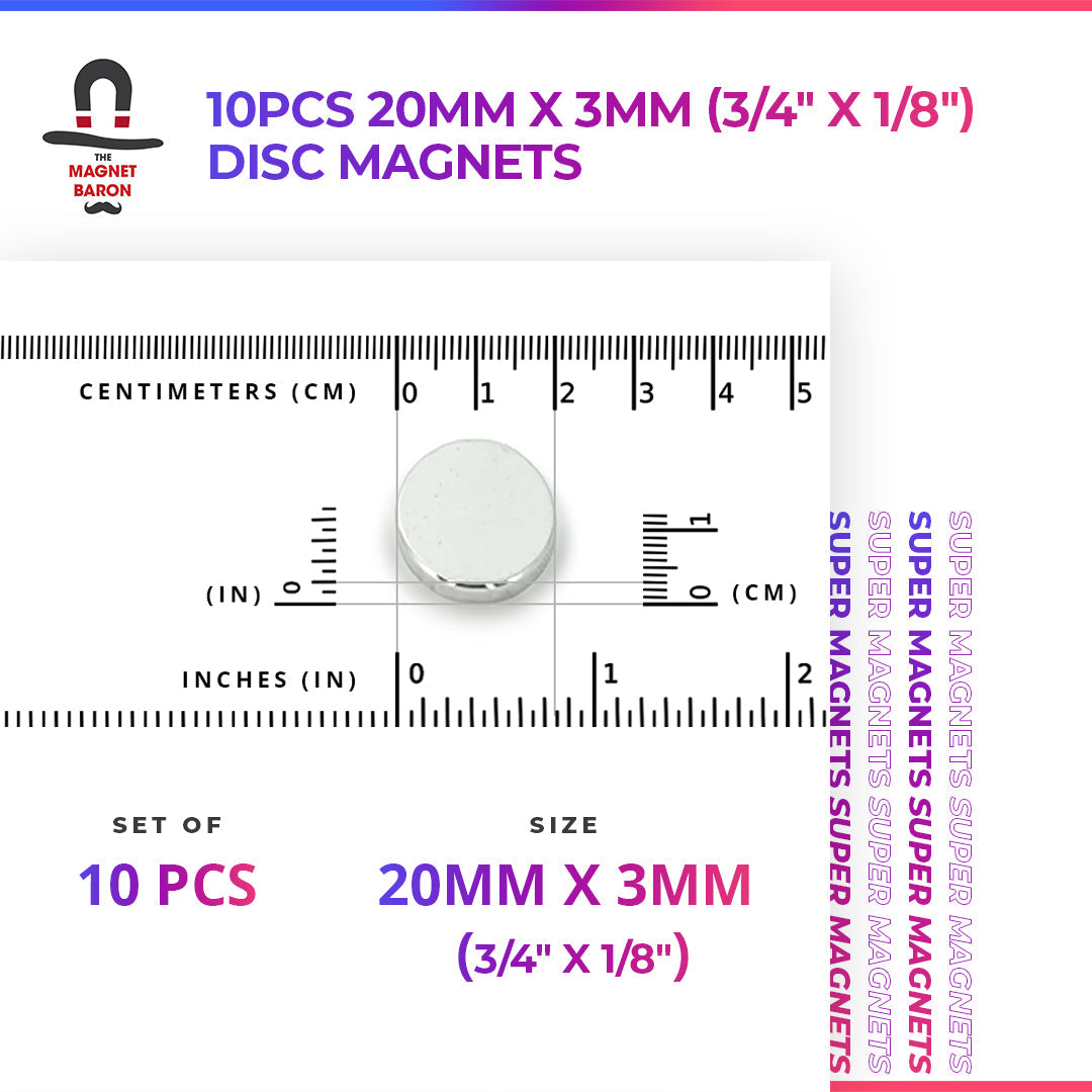 10pcs 20mm x 3mm (3/4" x 1/8") Disc Magnets