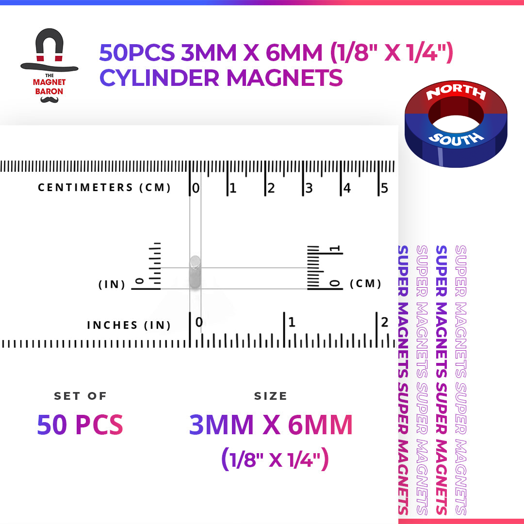 Engineering-Special - Diametrically Magnetized - 50pcs 3mm x 6mm (Approximately 1/8" x 1/4") Cylinder Magnets