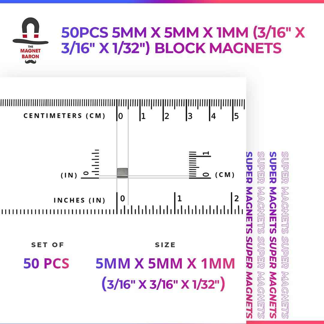 50pcs 5mm x 5mm x 1mm (Approximately 3/16" x 3/16" x 1/32") Block Magnets