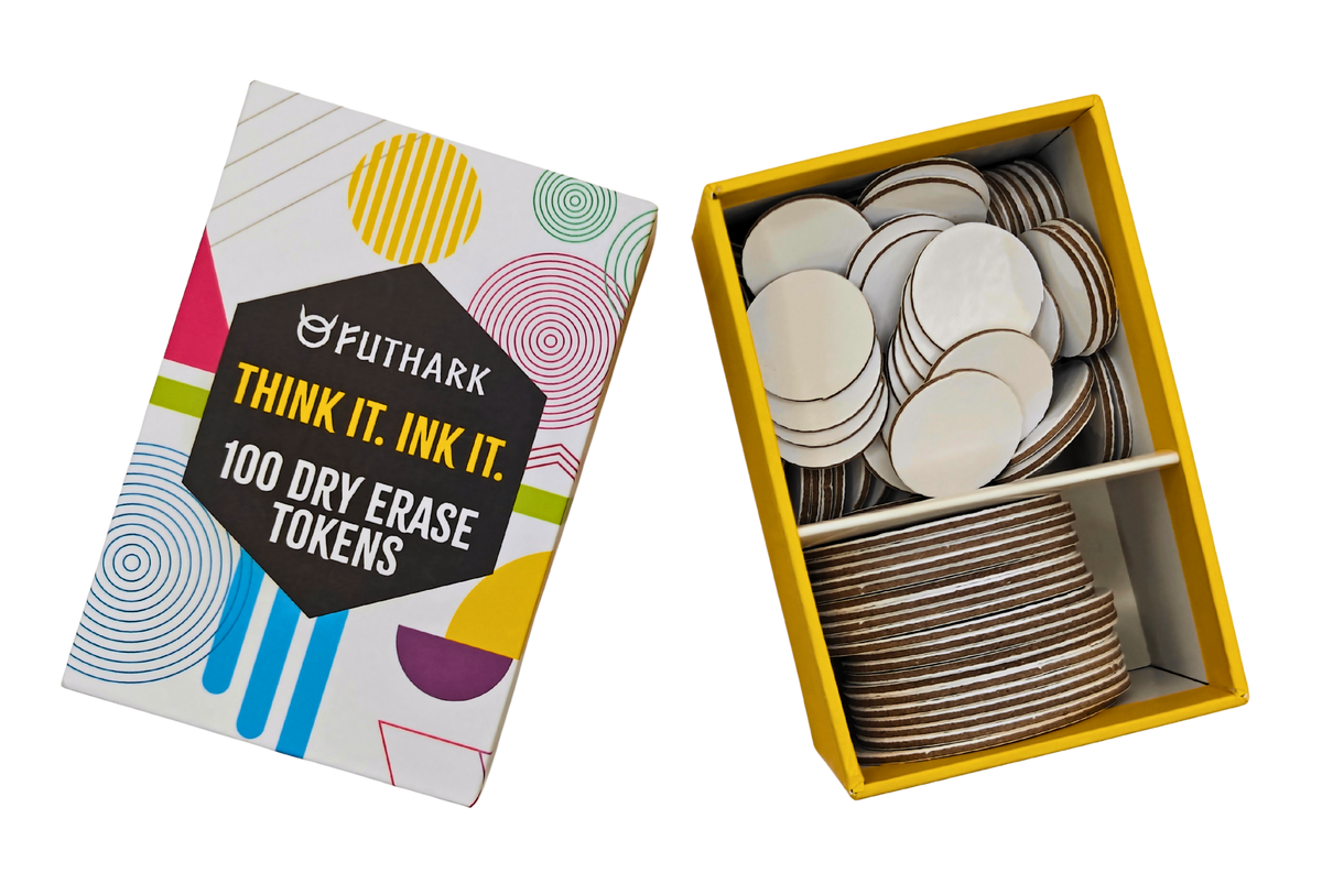 Futhark 100 Dry Erase Tokens for DND – Reusable RPG Tokens in 2 Sizes for Combat Tracking, Initiative, Conditions, and Effects – Reusable Circle Markers for Tabletop Board Games Accessories (100 PCS)