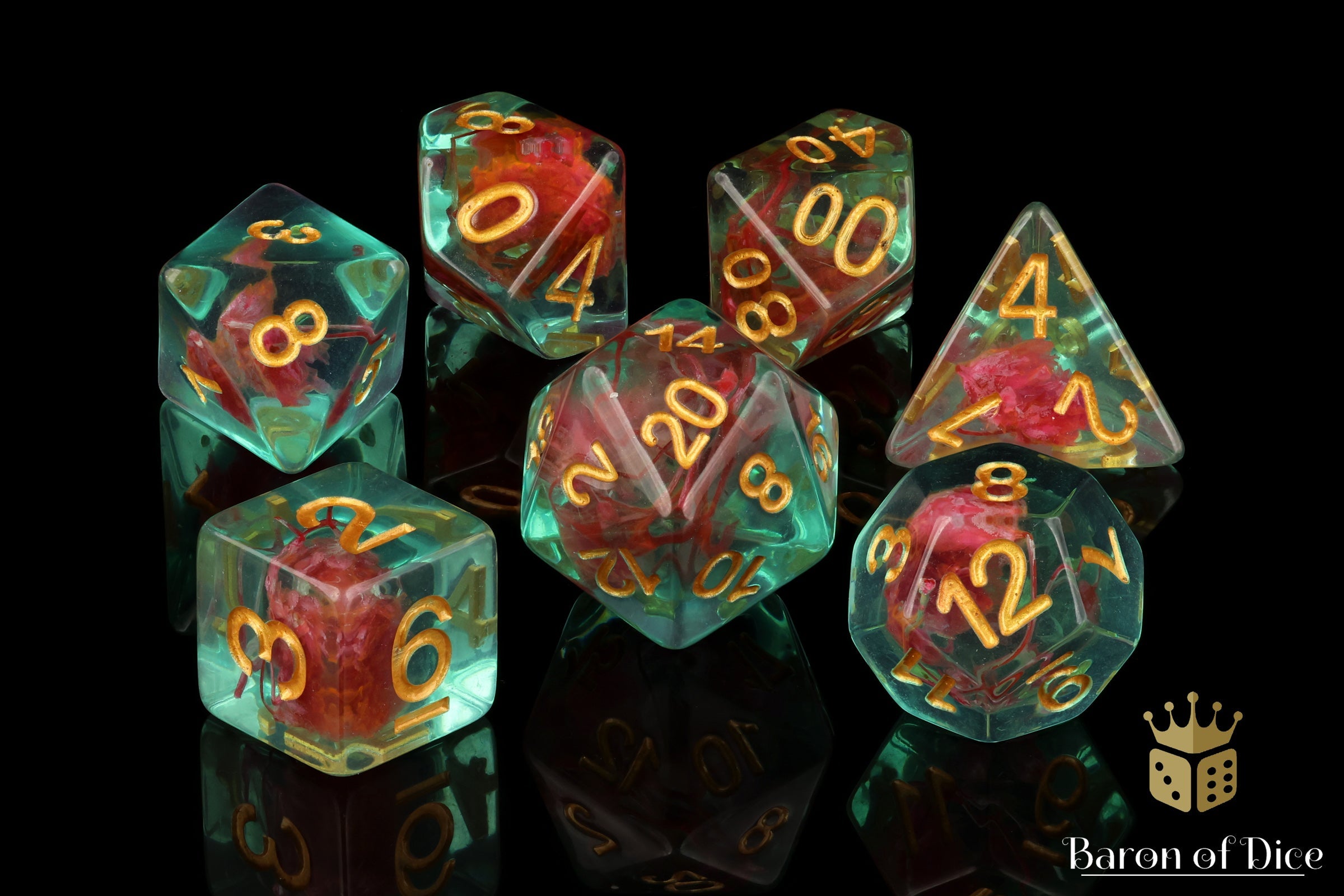 Teal with Red Flowers RPG Dice Set - 7 Pieces