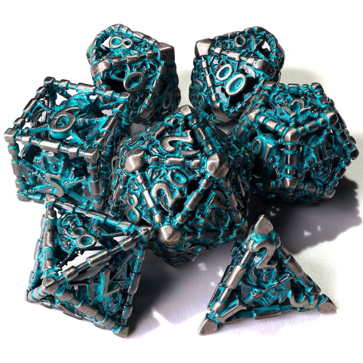 Grim Reaper Teal Glow Metal RPG Dice Set - 7 Pieces