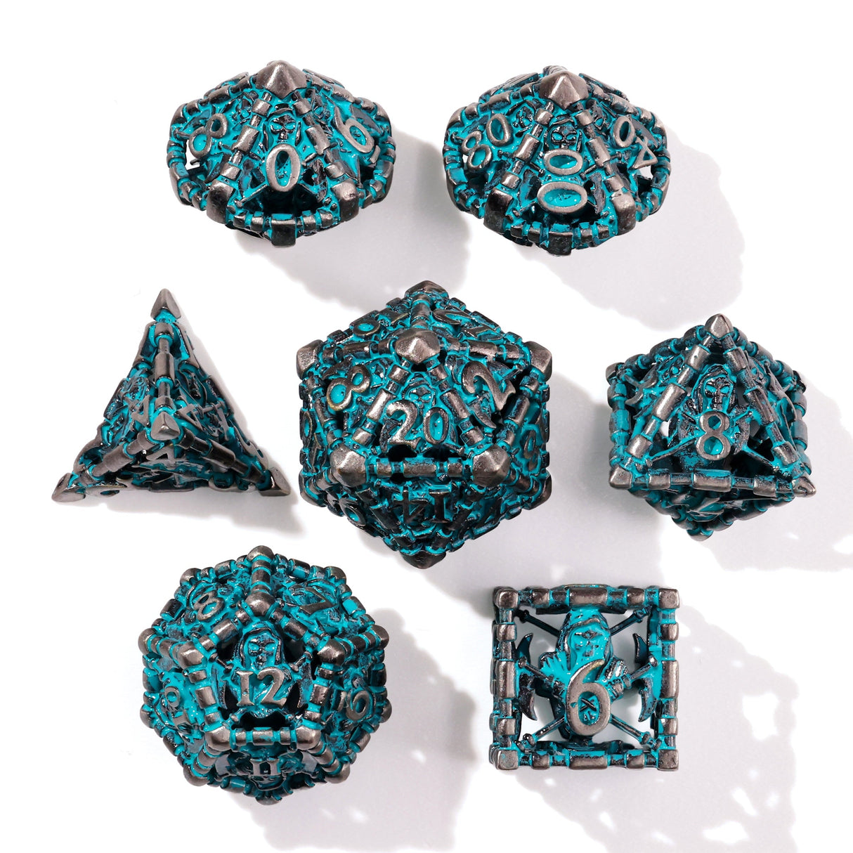 Grim Reaper Teal Glow Metal RPG Dice Set - 7 Pieces