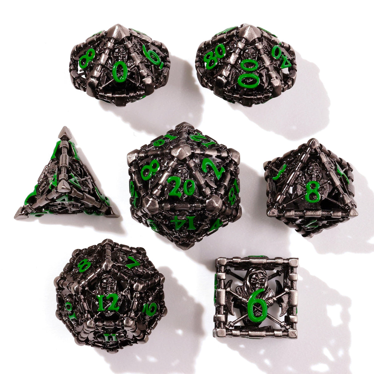 Grim Reaper Ethereal Glow Metal RPG Dice Set - 7 Pieces