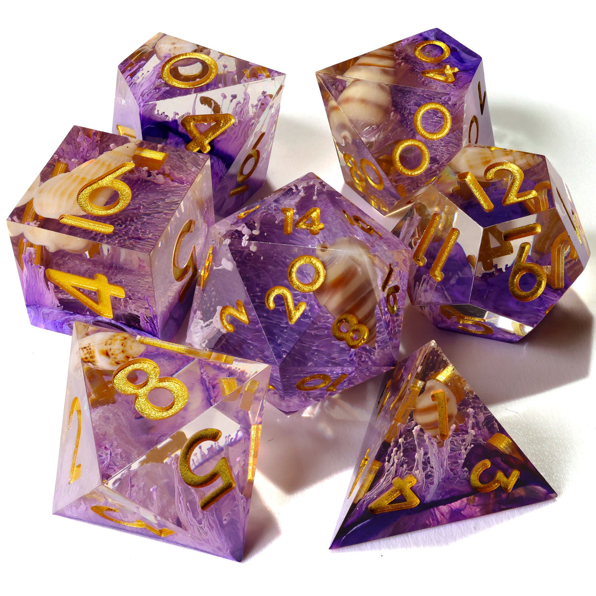 Purple Seashell Sharp Edge RPG Dice Set - 7 Pieces
