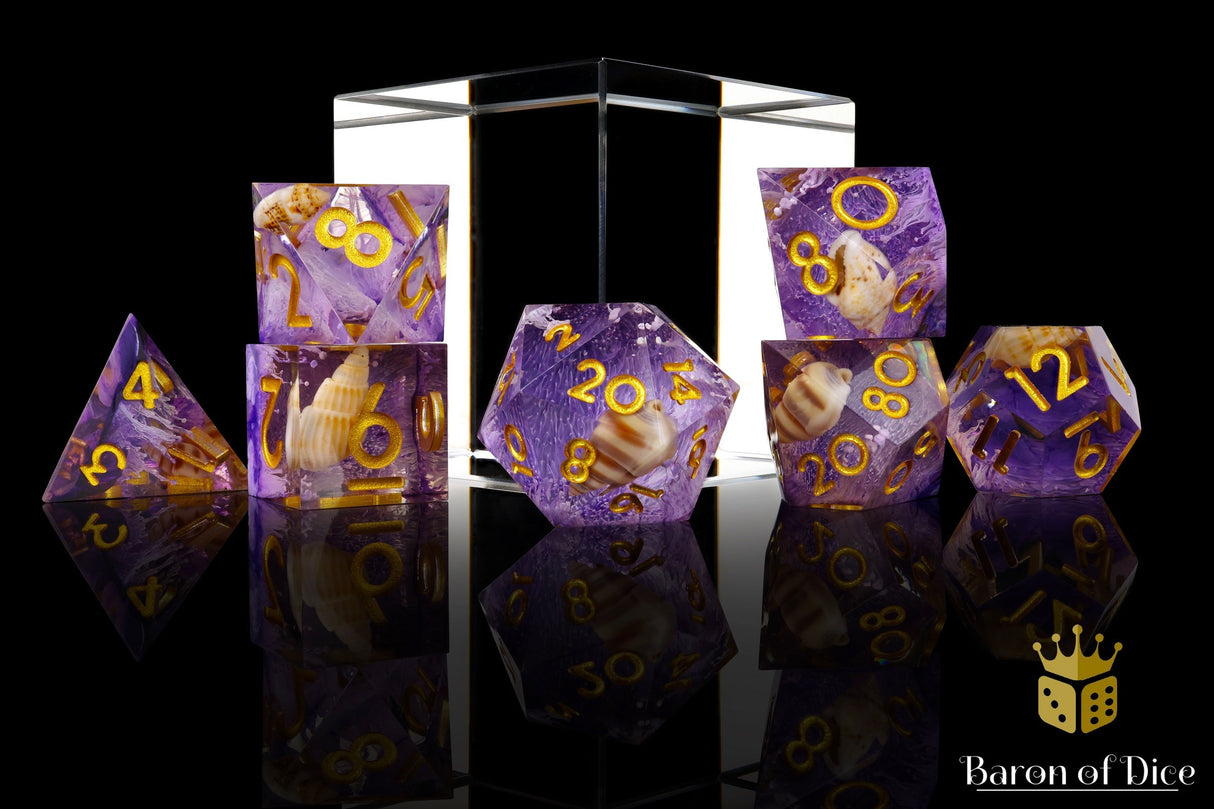 Purple Seashell Sharp Edge RPG Dice Set - 7 Pieces