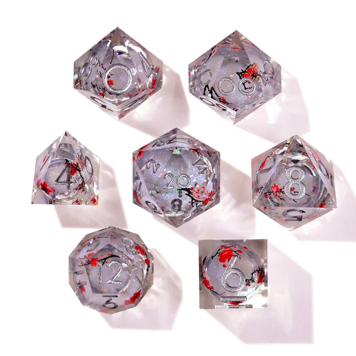 Winter Cherry Blossom Liquid Core RPG Dice Set - 7 Pieces