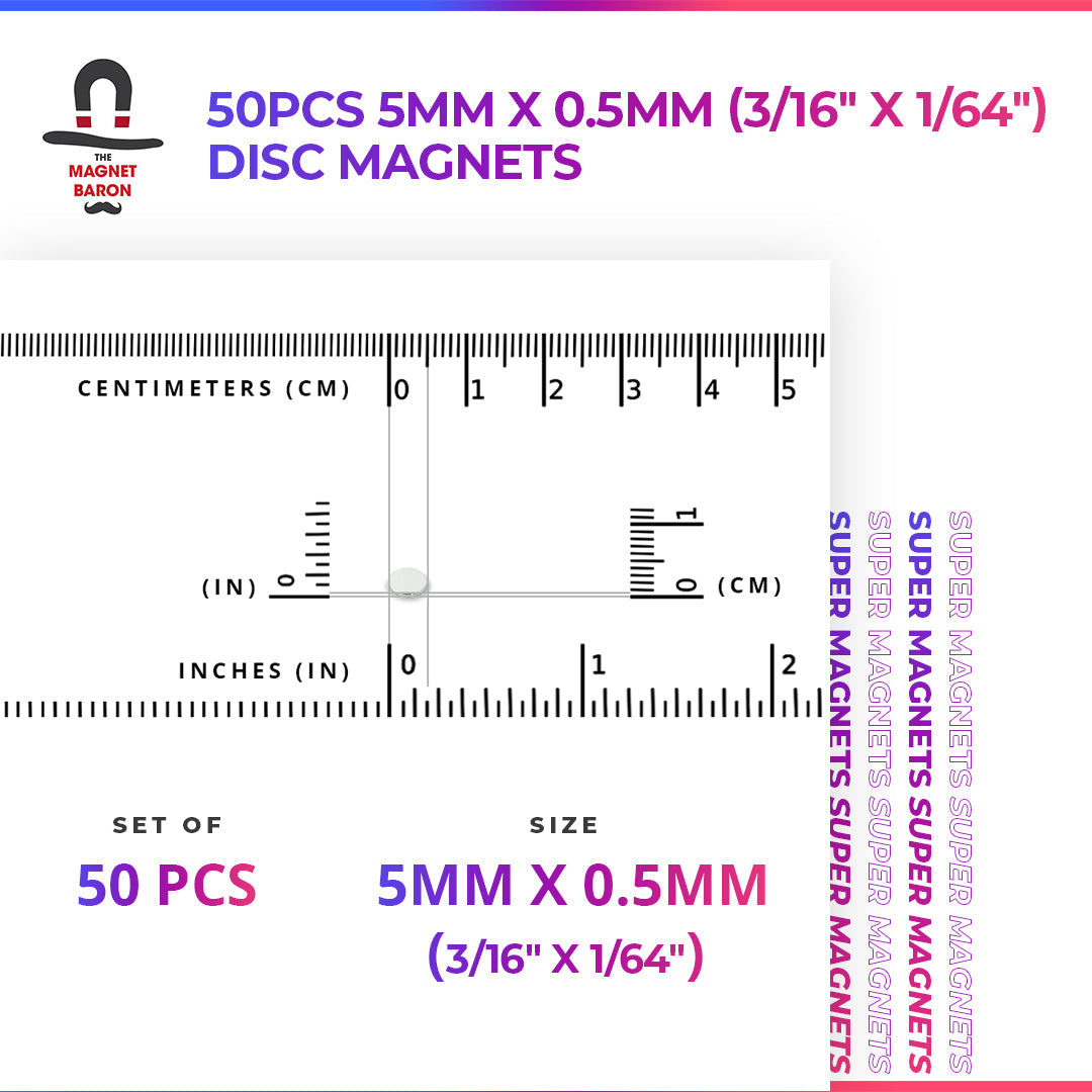 50pcs 5mm x 0.5mm (Approximately 3/16" x 1/64") Disc Magnets