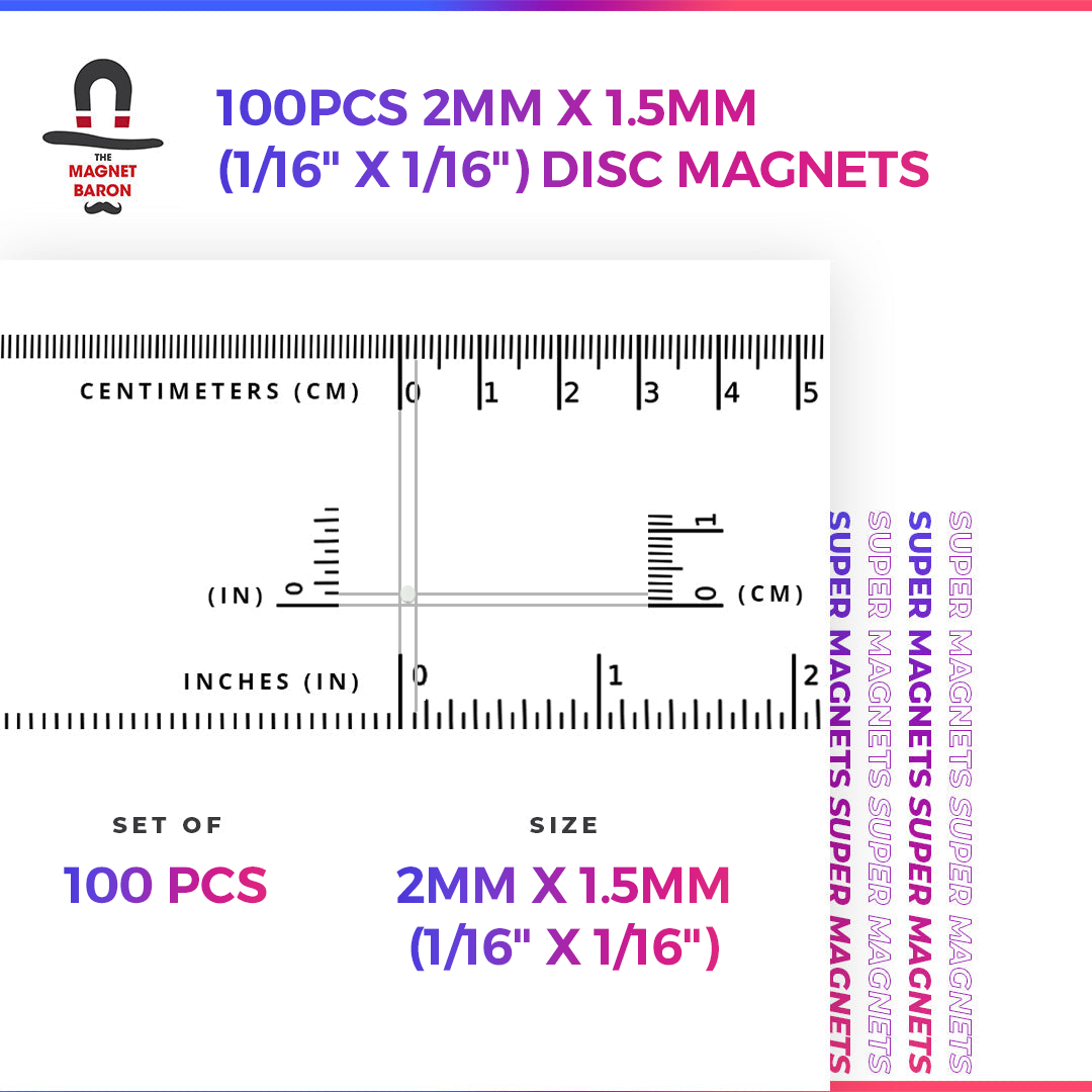 100pcs 2mm x 1.5mm (Approximately 1/16" x 1/16") Disc Magnets