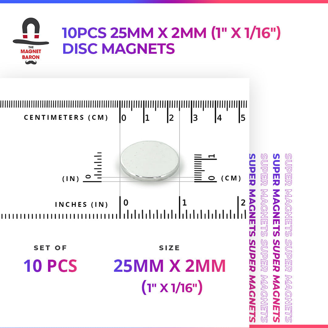 10pcs 25mm x 2mm (Approximately 1" x 1/16") Disc Magnets