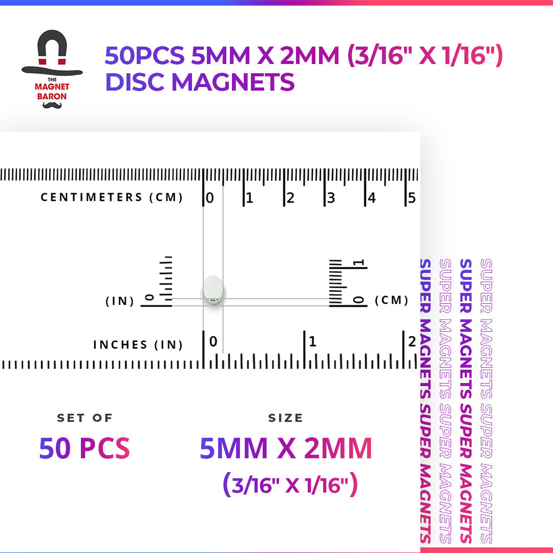 50pcs 5mm x 2mm (Approximately 3/16" x 1/16") Disc Magnets