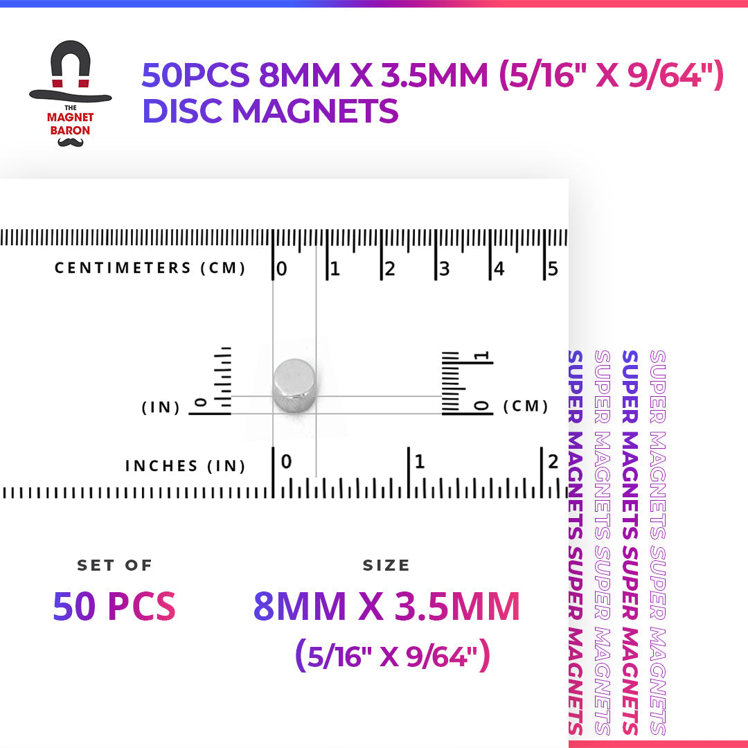 50pcs 8mm x 3.5mm (5/16" x 9/64") Disc Magnets