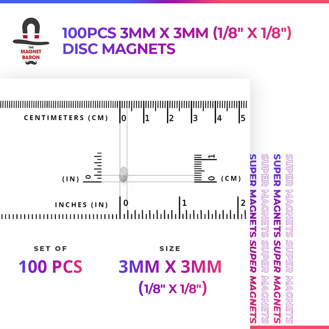 Special - Diametrically Magnetized - 100pcs 3mm x 3mm (1/8" x 1/8") Disc Magnets