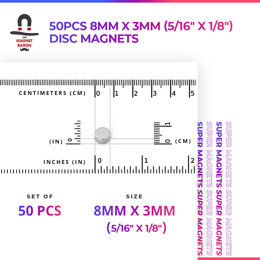 50pcs 8mm x 3mm (5/16" x 1/8") Disc Magnets