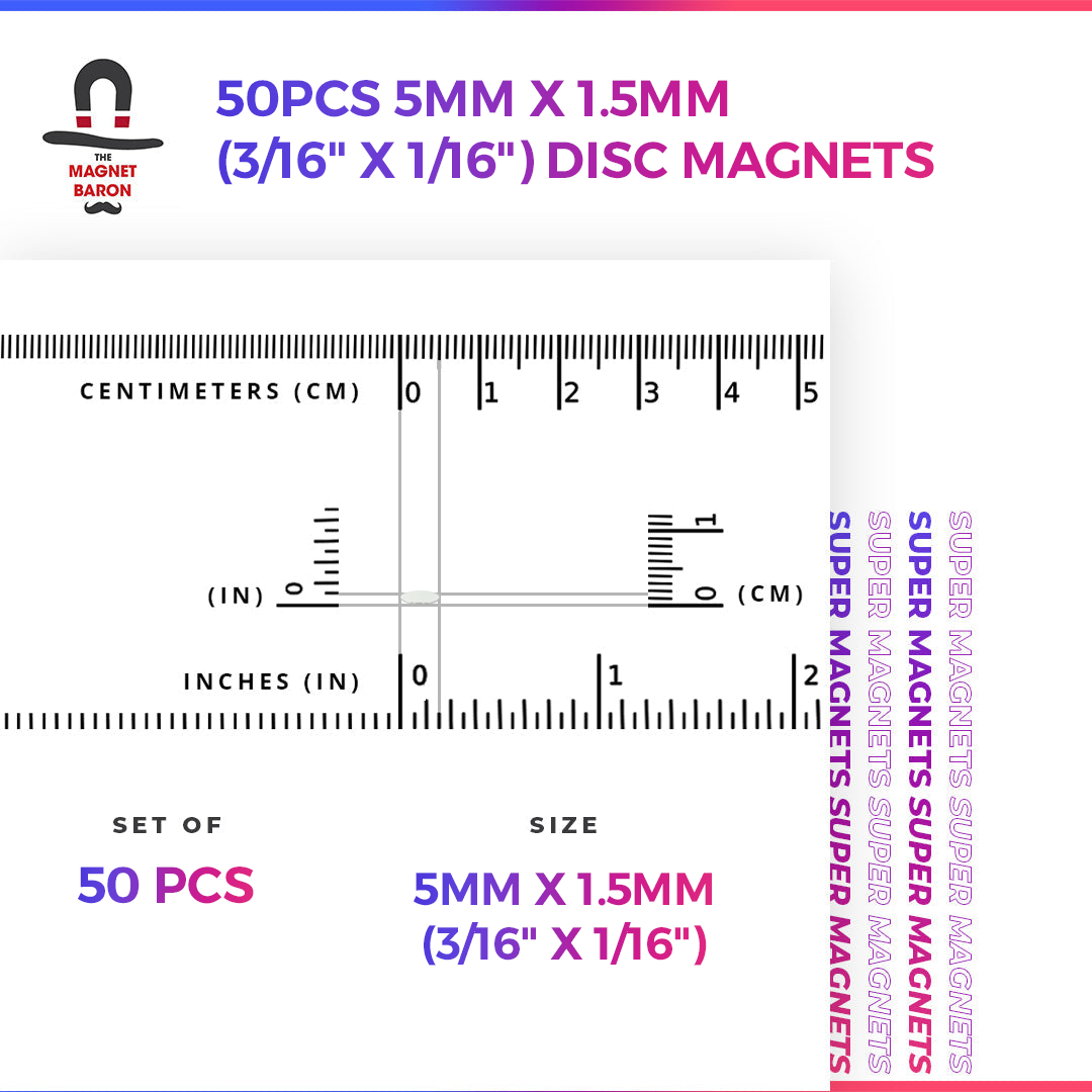 50pcs 5mm x 1.5mm (Approximately 3/16" x 1/16") Disc Magnets