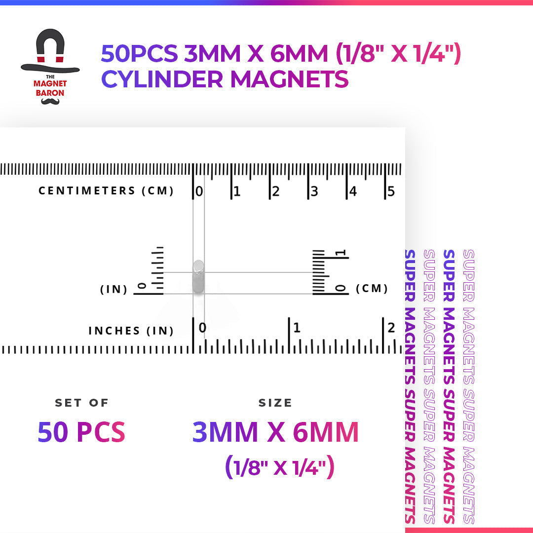 Special - Diametrically Magnetized - 50pcs 3mm x 6mm (1/8" x 1/4") Cylinder Magnets