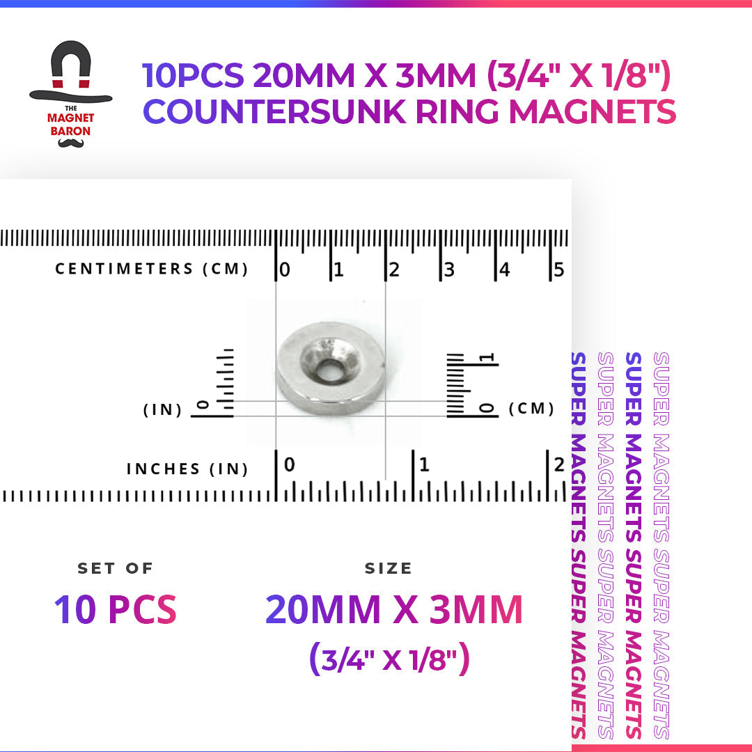 10pcs 20mm x 4mm (3/4" x 5/32") Countersunk Ring Magnets