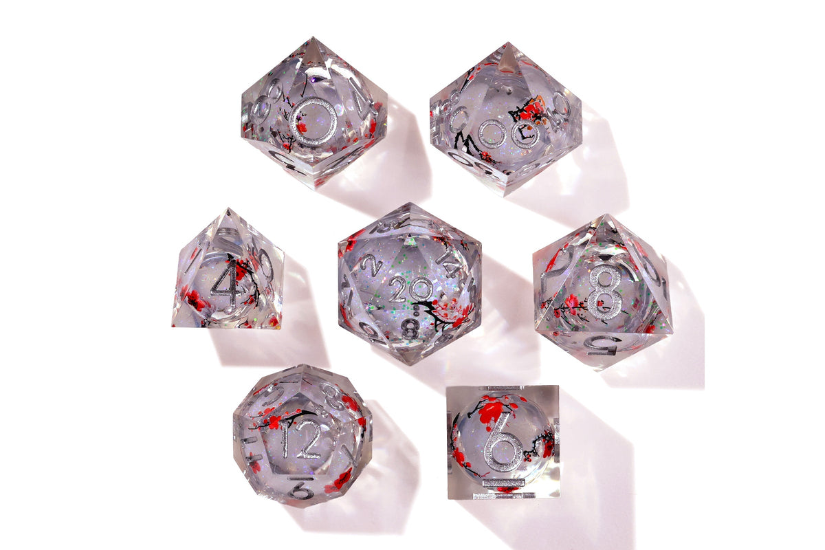 Winter Cherry Blossom Liquid Core RPG Dice Set - 7 Pieces